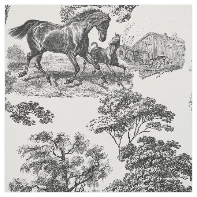 Elegant Black White Rustic Horses Toile Stoff (Muster)