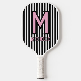 Elegant Black& White Stripes Pink Script Monogram Pickleball Schläger