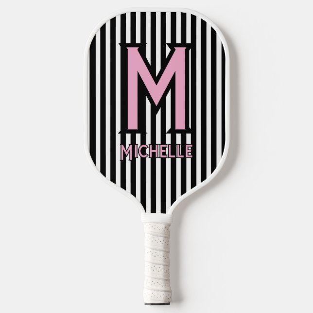 Elegant Black& White Stripes Pink Script Monogram Pickleball Schläger (Vorderseite)