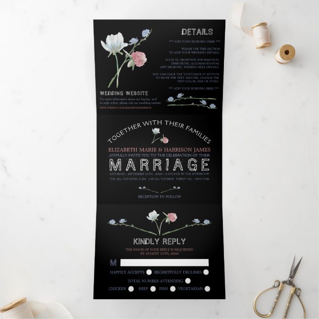 Elegant Black, Wildblume Wedding Suite Dreifach Gefaltete Einladung (Innenseite)