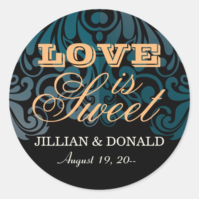 Elegant Black Zircon Damask Monogram Fevor Runder Aufkleber (Vorderseite)