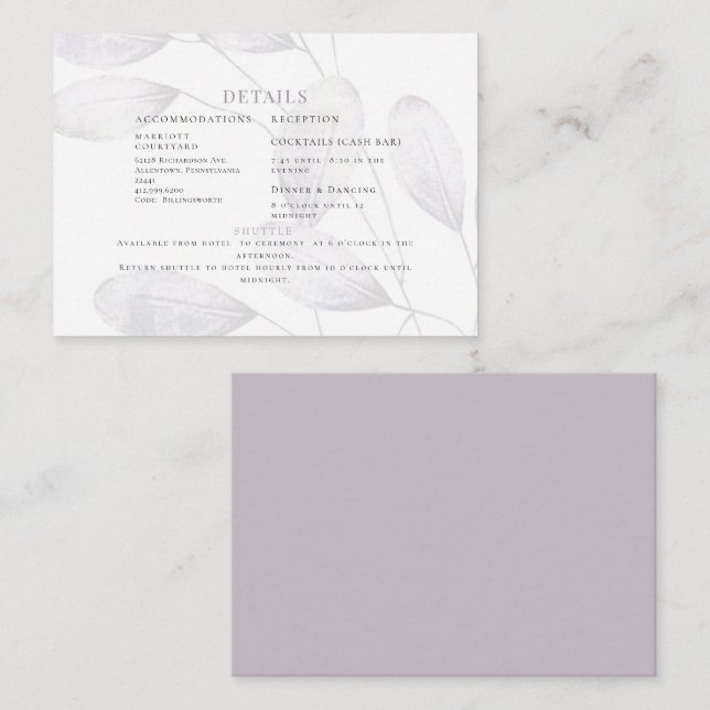 Elegant, blass Lavender Foliage Hochzeitsszenario Begleitkarte (Vorne/Hinten)