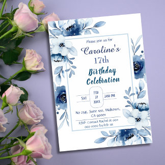Elegant blau 17. Geburtstag Blautöne in Blau Einladung