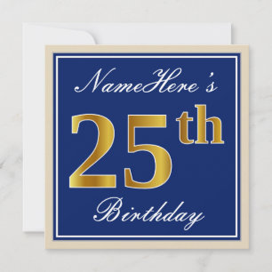 Elegant, Blau, Falsches Gold 25. Geburtstag + Name Einladung