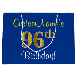 Elegant, Blau, Falsches Gold 96. Geburtstag + Name Große Geschenktüte