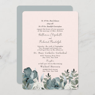 Elegant, blau, floral und blush Wedding Einladung