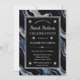 Elegant Blau Folie & Silber Glitter Achat Sweet 16 Einladung