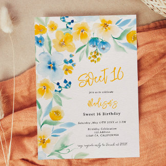 Elegant blau-gelb-florale Aquarell Sweet 16 Einladung