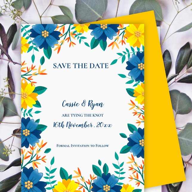 Elegant Blau-Gelbe Blütenhochzeit retten das Datum (Elegant Blue Yellow Floral Wedding Save the Date)