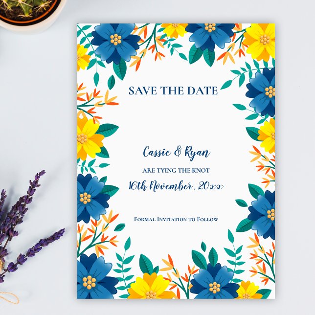 Elegant Blau-Gelbe Blütenhochzeit retten das Datum (Elegant Blue Yellow Floral Wedding Save the Date)
