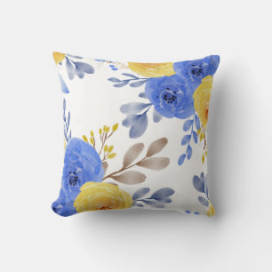 Elegant Blau Gelbe Flora Wasserfarbe Kissen