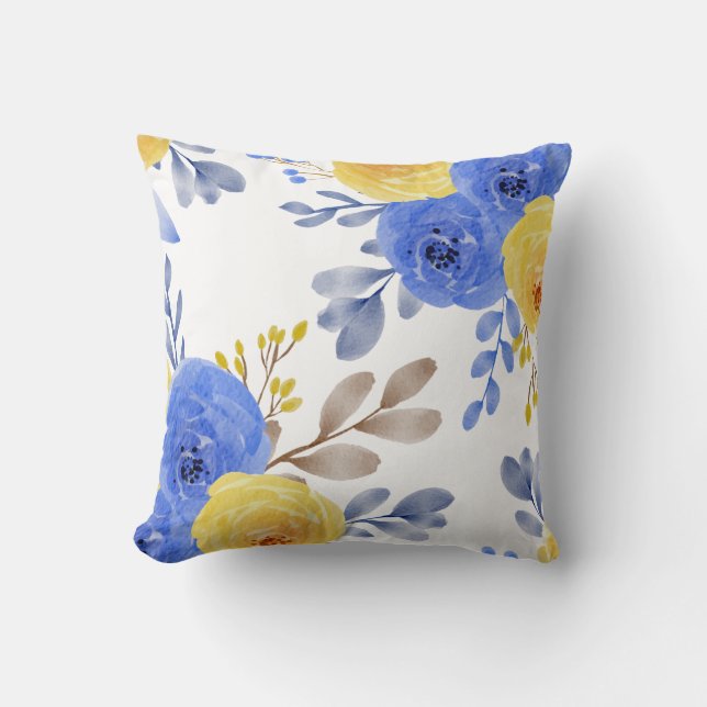 Elegant Blau Gelbe Flora Wasserfarbe Kissen (Vorderseite)