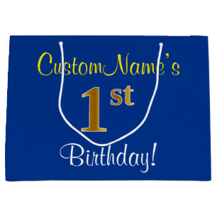 Elegant, blau, Imitat-Gold1. Geburtstag; Große Geschenktüte