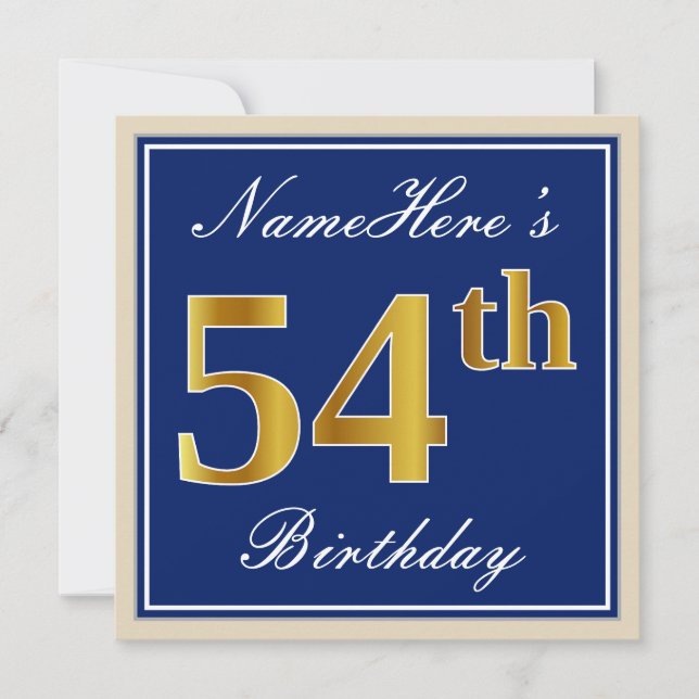Elegant, blau, Imitat-Gold54. Geburtstag + Name Einladung (Vorderseite)