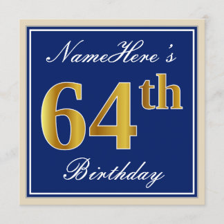 Elegant, blau, Imitat-Gold64. Geburtstag + Name Einladung