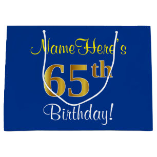 Elegant, blau, Imitat-Gold65. Geburtstag + Name Große Geschenktüte