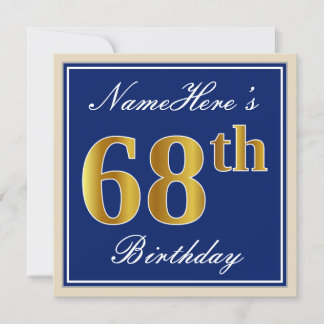 Elegant, blau, Imitat-Gold68. Geburtstag + Name Einladung