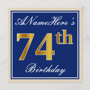 Elegant, blau, Imitat-Gold74. Geburtstag + Name Einladung