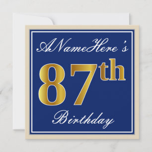 Elegant, blau, Imitat-Gold87. Geburtstag + Name Einladung