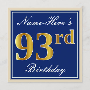 Elegant, blau, Imitat-Gold93. Geburtstag + Name Einladung