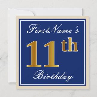Elegant, blau, Imitate Gold 11. Geburtstag + Name Einladung