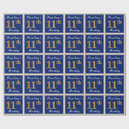Elegant, blau, Imitate Gold 11. Geburtstag + Name Geschenkpapier