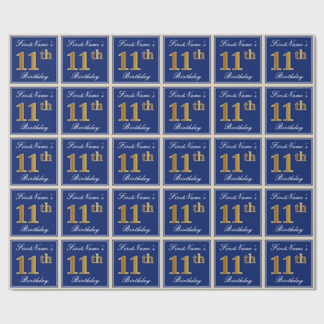 Elegant, blau, Imitate Gold 11. Geburtstag + Name Geschenkpapier (Flach)