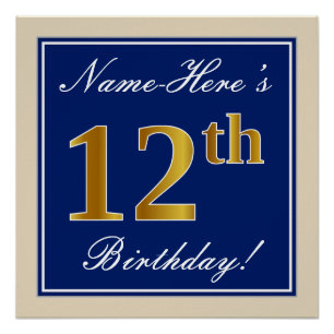 Elegant, blau, Imitate Gold 12. Geburtstag + Name Poster
