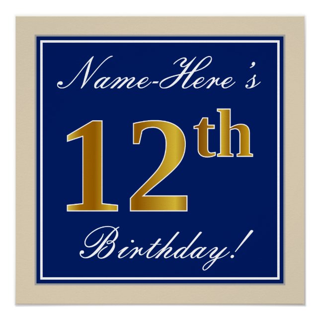 Elegant, blau, Imitate Gold 12. Geburtstag + Name Poster (Vorderseite)