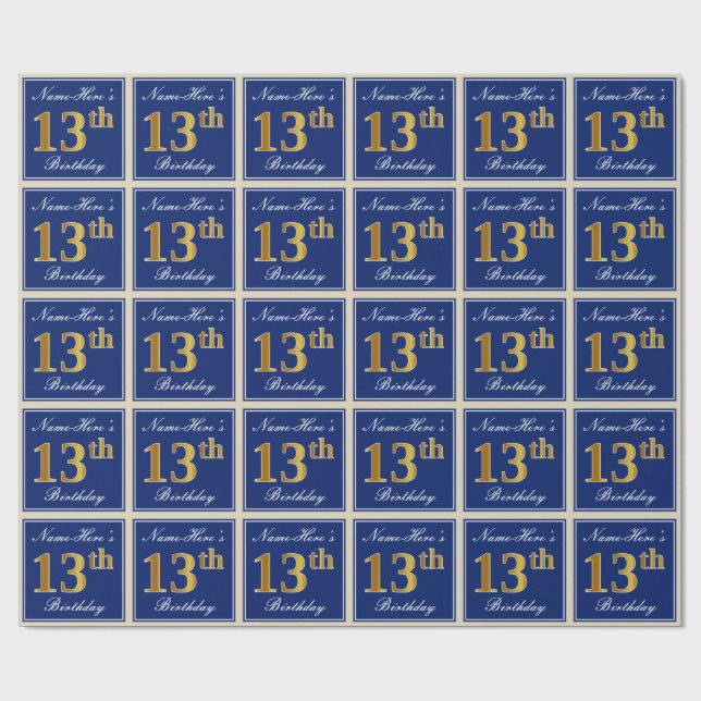 Elegant, blau, Imitate Gold 13. Geburtstag + Name Geschenkpapier (Flach)