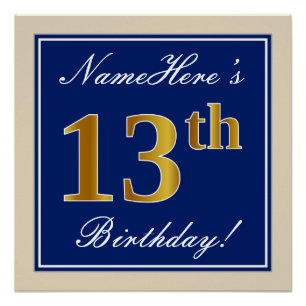 Elegant, blau, Imitate Gold 13. Geburtstag + Name Poster