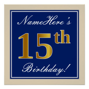 Elegant, blau, Imitate Gold 15. Geburtstag + Name Poster