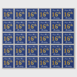 Elegant, blau, Imitate Gold 16. Geburtstag + Name Geschenkpapier