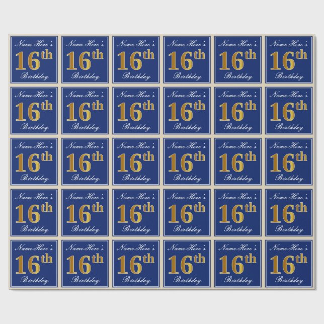 Elegant, blau, Imitate Gold 16. Geburtstag + Name Geschenkpapier (Flach)