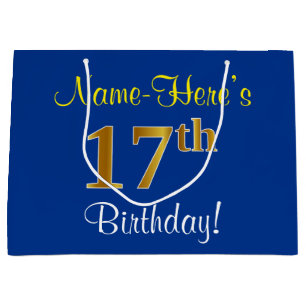 Elegant, Blau, Imitate Gold 17. Geburtstag + Name Große Geschenktüte