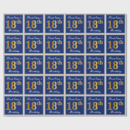 Elegant, blau, Imitate Gold 18. Geburtstag + Name Geschenkpapier