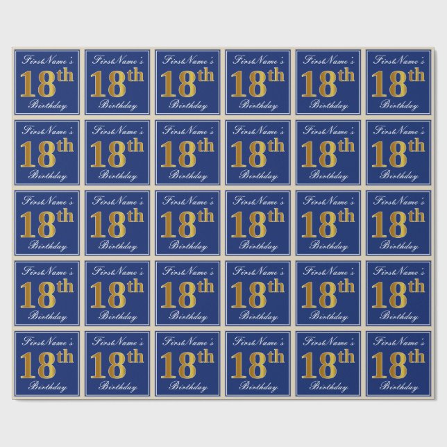 Elegant, blau, Imitate Gold 18. Geburtstag + Name Geschenkpapier (Flach)