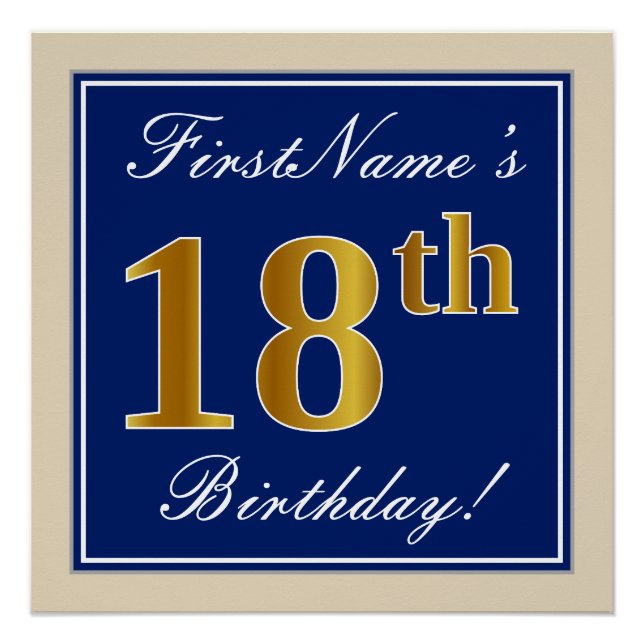 Elegant, blau, Imitate Gold 18. Geburtstag + Name Poster (Vorderseite)