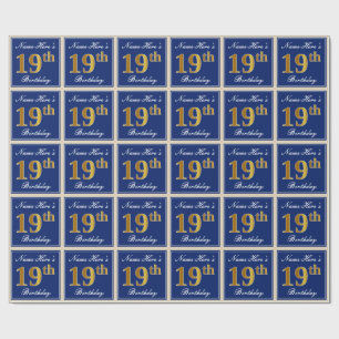 Elegant, blau, Imitate Gold 19. Geburtstag + Name Geschenkpapier