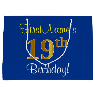 Elegant, blau, Imitate Gold 19. Geburtstag + Name Große Geschenktüte