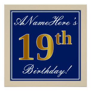 Elegant, blau, Imitate Gold 19. Geburtstag + Name Poster