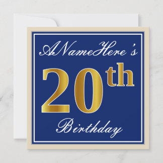 Elegant, blau, Imitate Gold 20. Geburtstag + Name Einladung