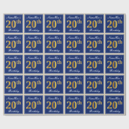 Elegant, blau, Imitate Gold 20. Geburtstag + Name Geschenkpapier