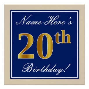 Elegant, blau, Imitate Gold 20. Geburtstag + Name Poster