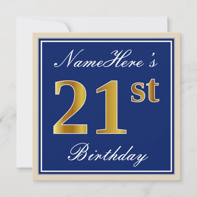 Elegant, blau, Imitate Gold 21. Geburtstag + Name Einladung (Vorderseite)