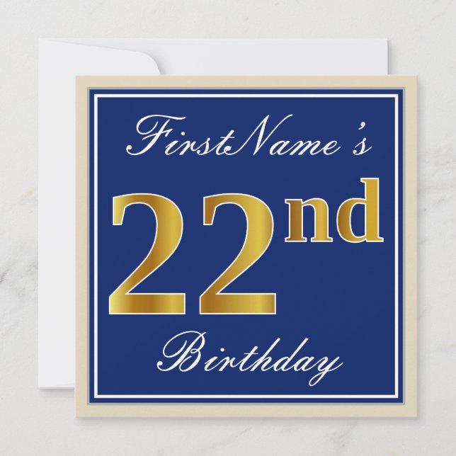 Elegant, blau, Imitate Gold 22. Geburtstag + Name Einladung (Vorderseite)