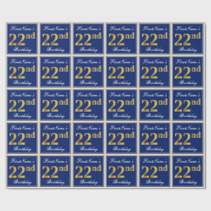 Elegant, Blau, Imitate Gold 22. Geburtstag + Name Geschenkpapier