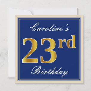 Elegant, blau, Imitate Gold 23. Geburtstag + Name Einladung