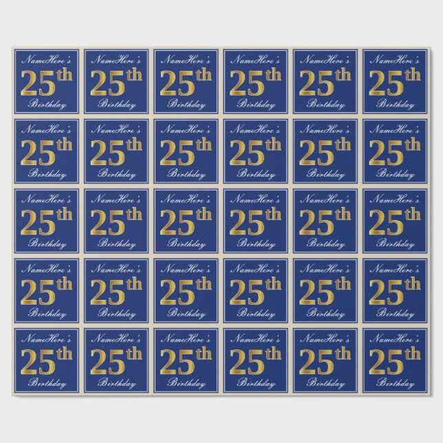 Elegant, blau, Imitate Gold 25. Geburtstag + Name Geschenkpapier (Flach)