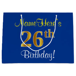 Elegant, blau, Imitate Gold 26. Geburtstag + Name Große Geschenktüte